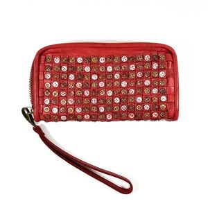 Plantania Red Leather Studded Cluth Wristet Wallet